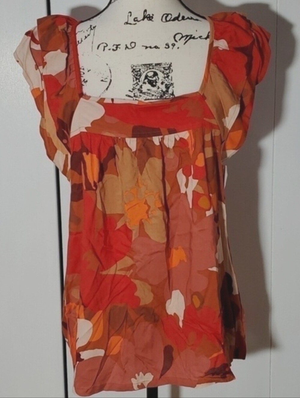 Sanctuary|Womens Burnt Orange/Rust Pattern Top Ruffles Square Neckline Sz.M